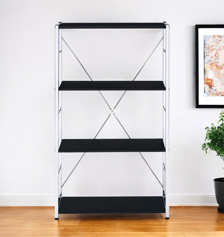 42" Black And Silver Metal and Wood Four Tier Etagere Bookcase HomeRoots