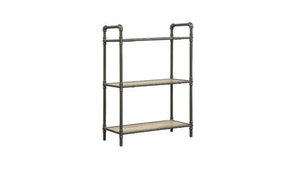 36" Antique Oak and Sandy Gray Metal Three Tier Standard Bookcase HomeRoots