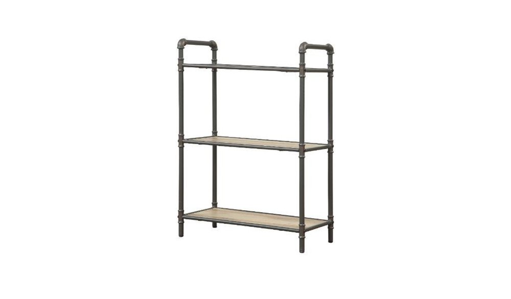 36" Antique Oak and Sandy Gray Metal Three Tier Standard Bookcase HomeRoots
