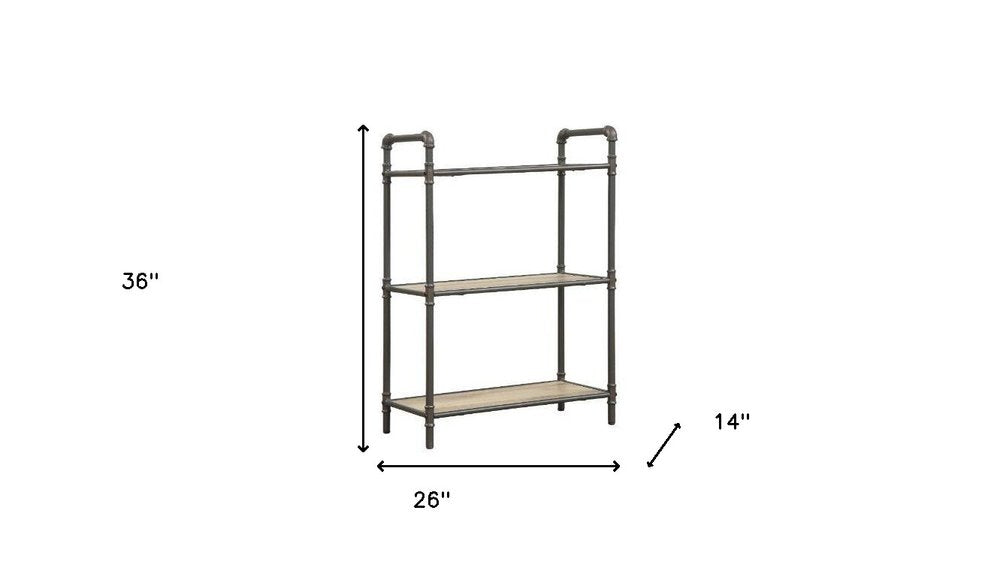 36" Antique Oak and Sandy Gray Metal Three Tier Standard Bookcase HomeRoots