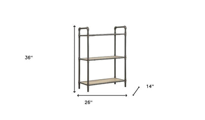 36" Antique Oak and Sandy Gray Metal Three Tier Standard Bookcase HomeRoots
