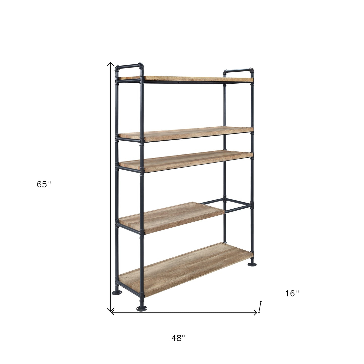 65" Brown and Black Metal Five Tier Etagere Bookcase