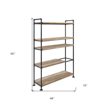 65" Brown and Black Metal Five Tier Etagere Bookcase