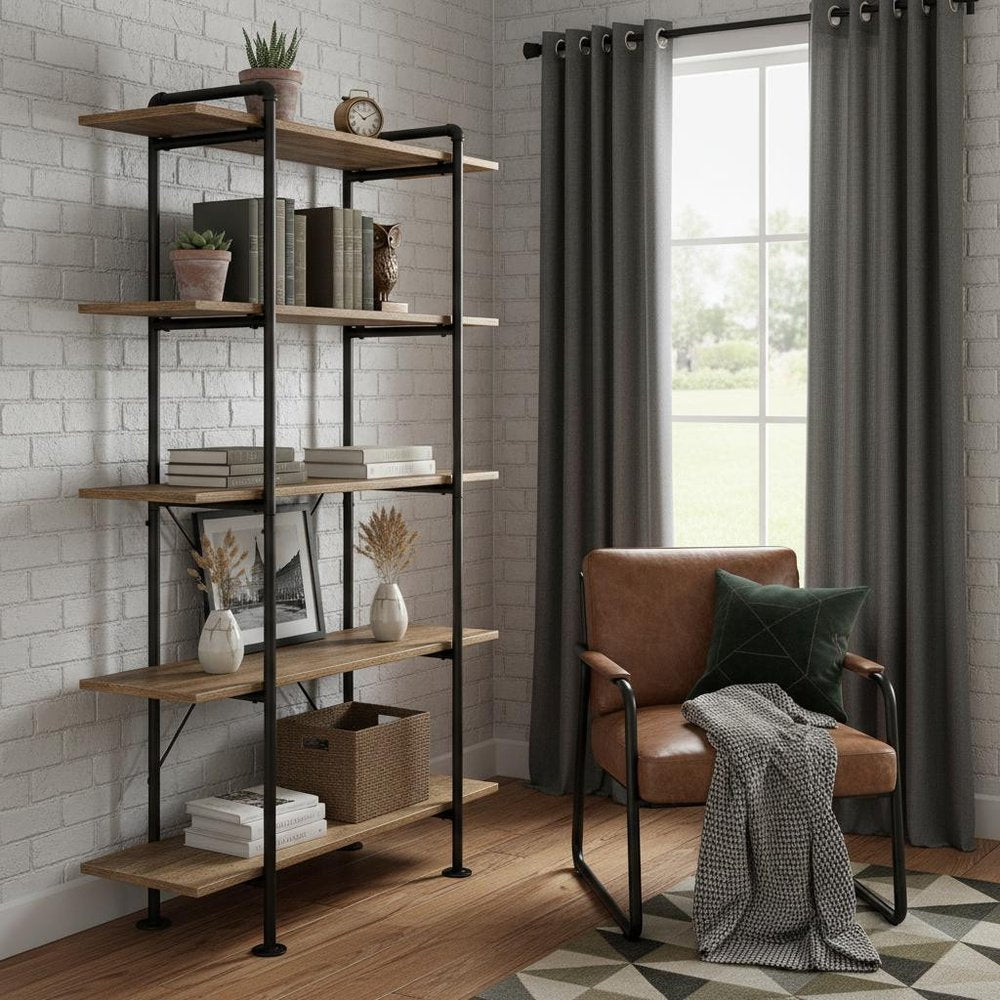 73" Brown And Black Metal Five Tier Etagere Bookcase HomeRoots
