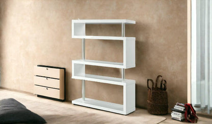 65" White Stainless Steel Five Tier Geometric Bookcase - FurniFindUSA