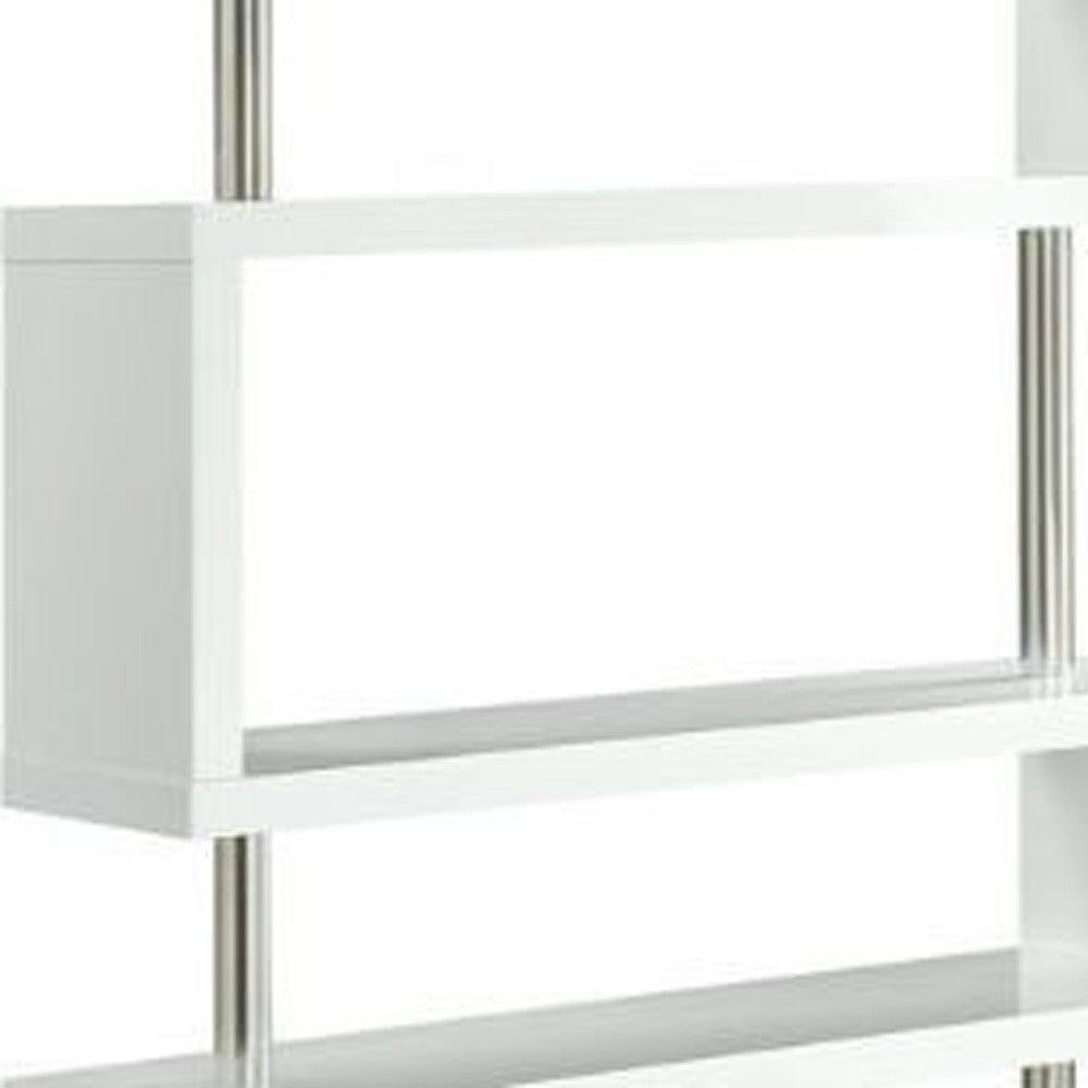 65" White Stainless Steel Five Tier Geometric Bookcase - FurniFindUSA