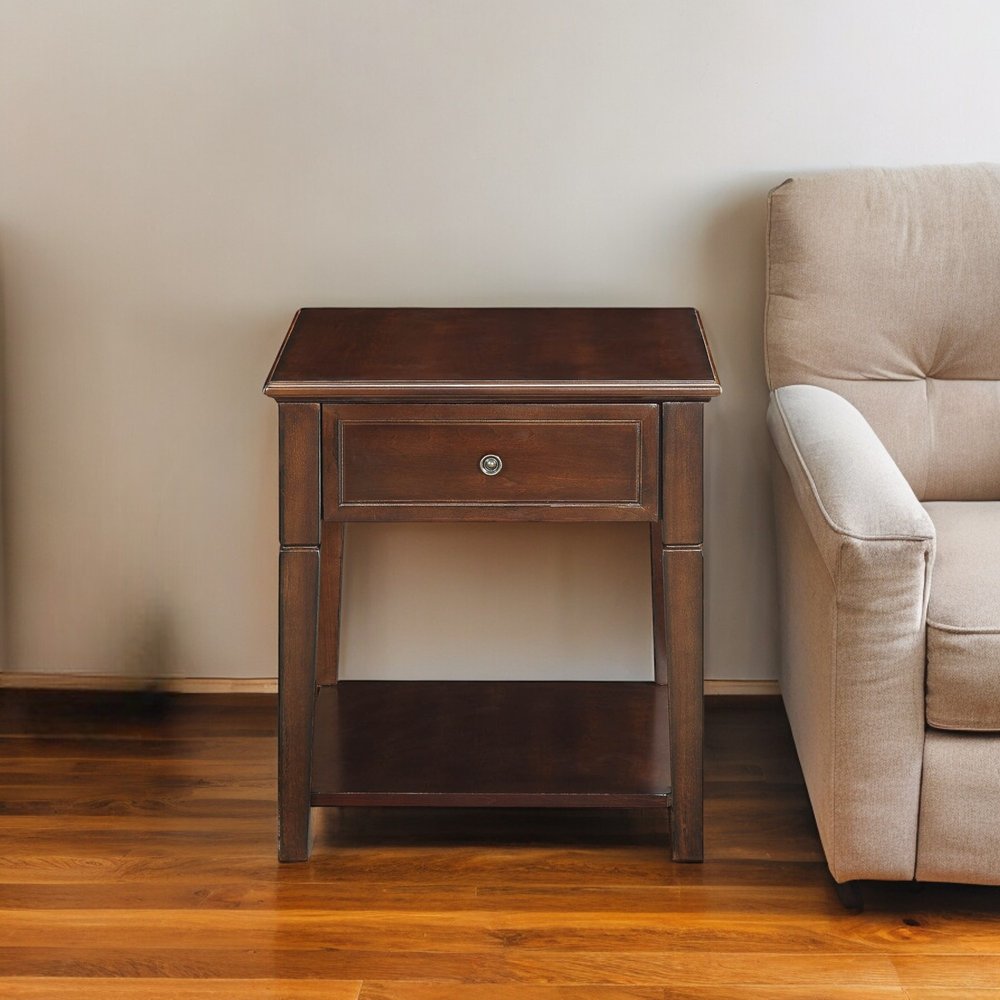24" Walnut Manufactured Wood Rectangular End Table With Drawer And Shelf HomeRoots