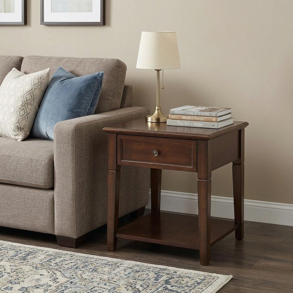 24" Walnut Manufactured Wood Rectangular End Table With Drawer And Shelf HomeRoots