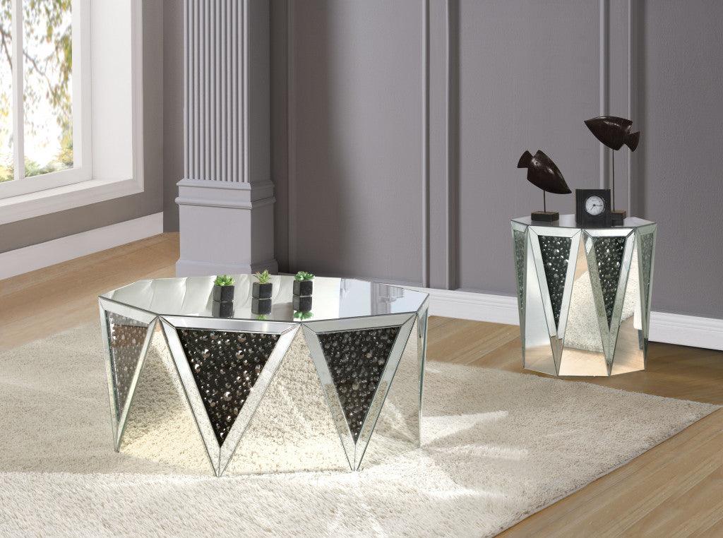 24" Silver And Faux Crystals Octagon Mirrored End Table - FurniFindUSA