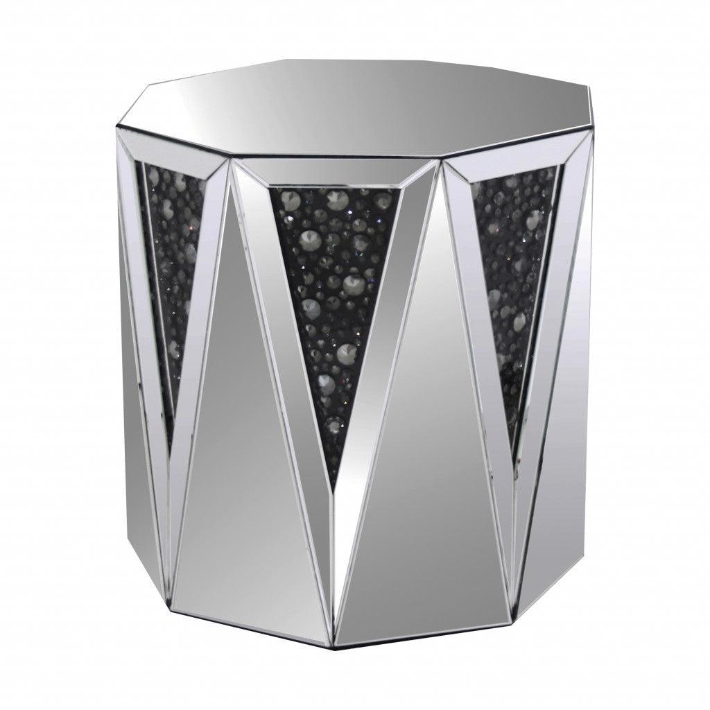 24" Silver And Faux Crystals Octagon Mirrored End Table - FurniFindUSA