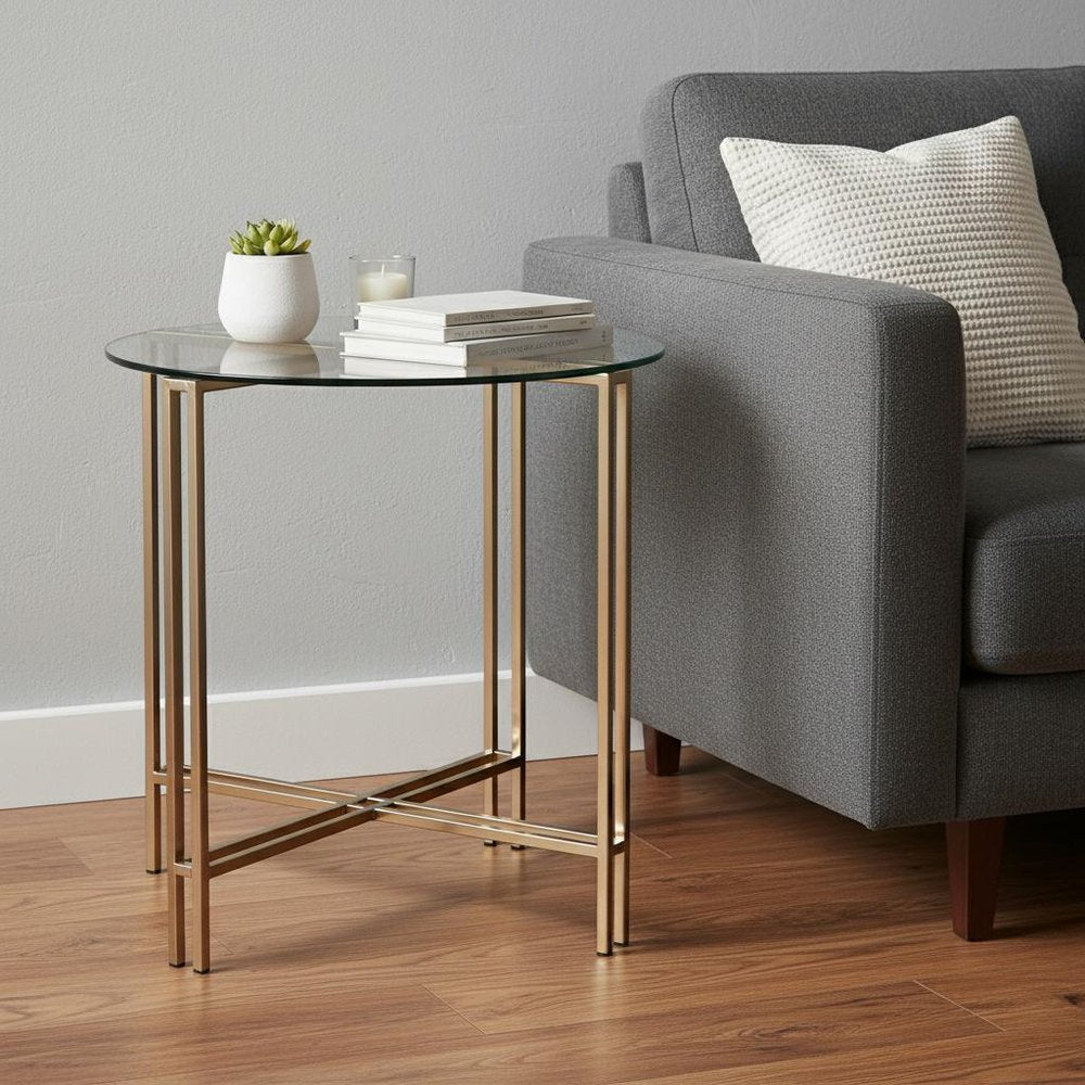 24" Champagne And Clear Glass And Metal Round End Table HomeRoots