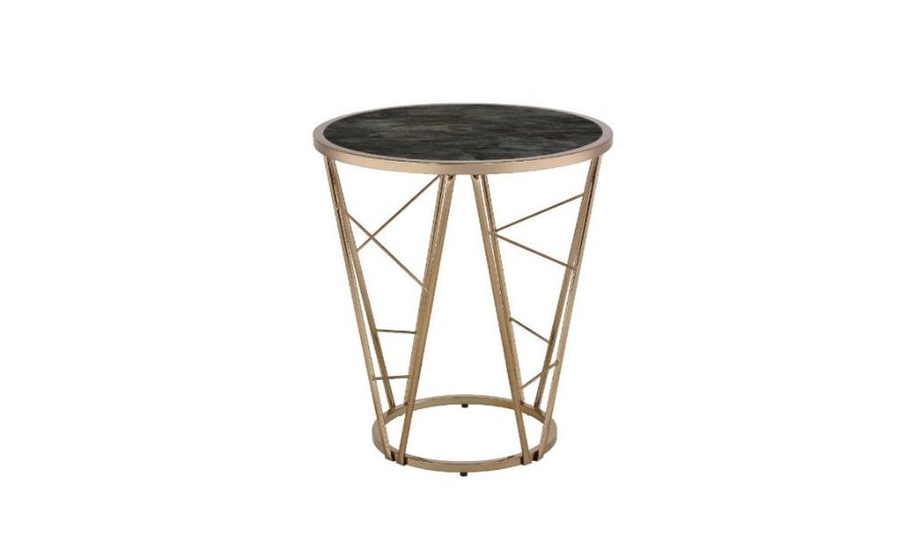24" Champagne And Black Faux Marble Glass And Metal Round End Table HomeRoots