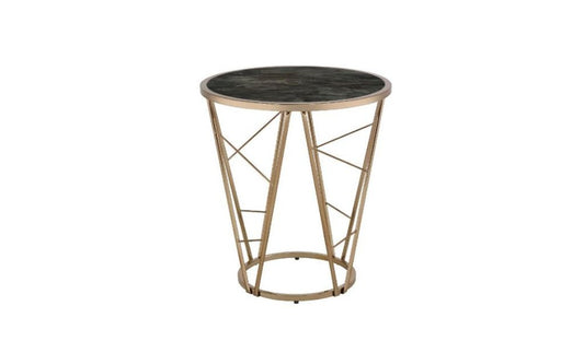 24" Champagne And Black Faux Marble Glass And Metal Round End Table HomeRoots