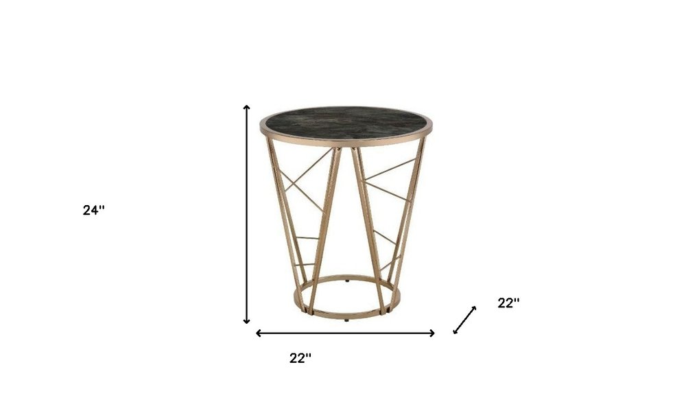24" Champagne And Black Faux Marble Glass And Metal Round End Table HomeRoots