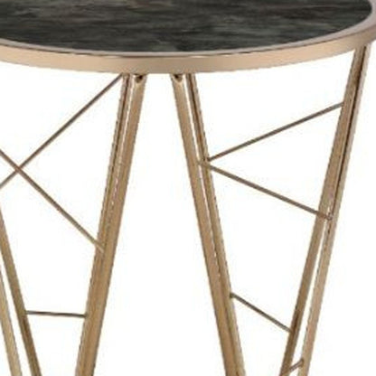 24" Champagne And Black Faux Marble Glass And Metal Round End Table HomeRoots