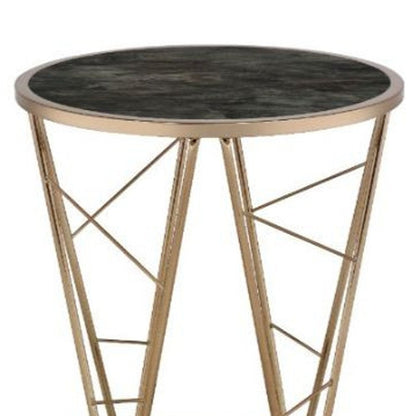 24" Champagne And Black Faux Marble Glass And Metal Round End Table HomeRoots