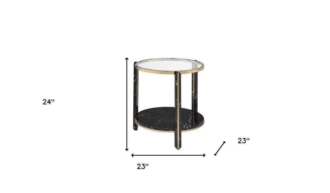 24" Champagne And Clear Glass And Metal Round End Table With Shelf - FurniFindUSA