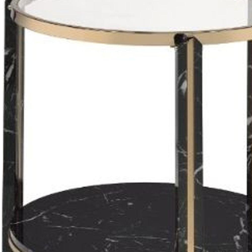 24" Champagne And Clear Glass And Metal Round End Table With Shelf - FurniFindUSA