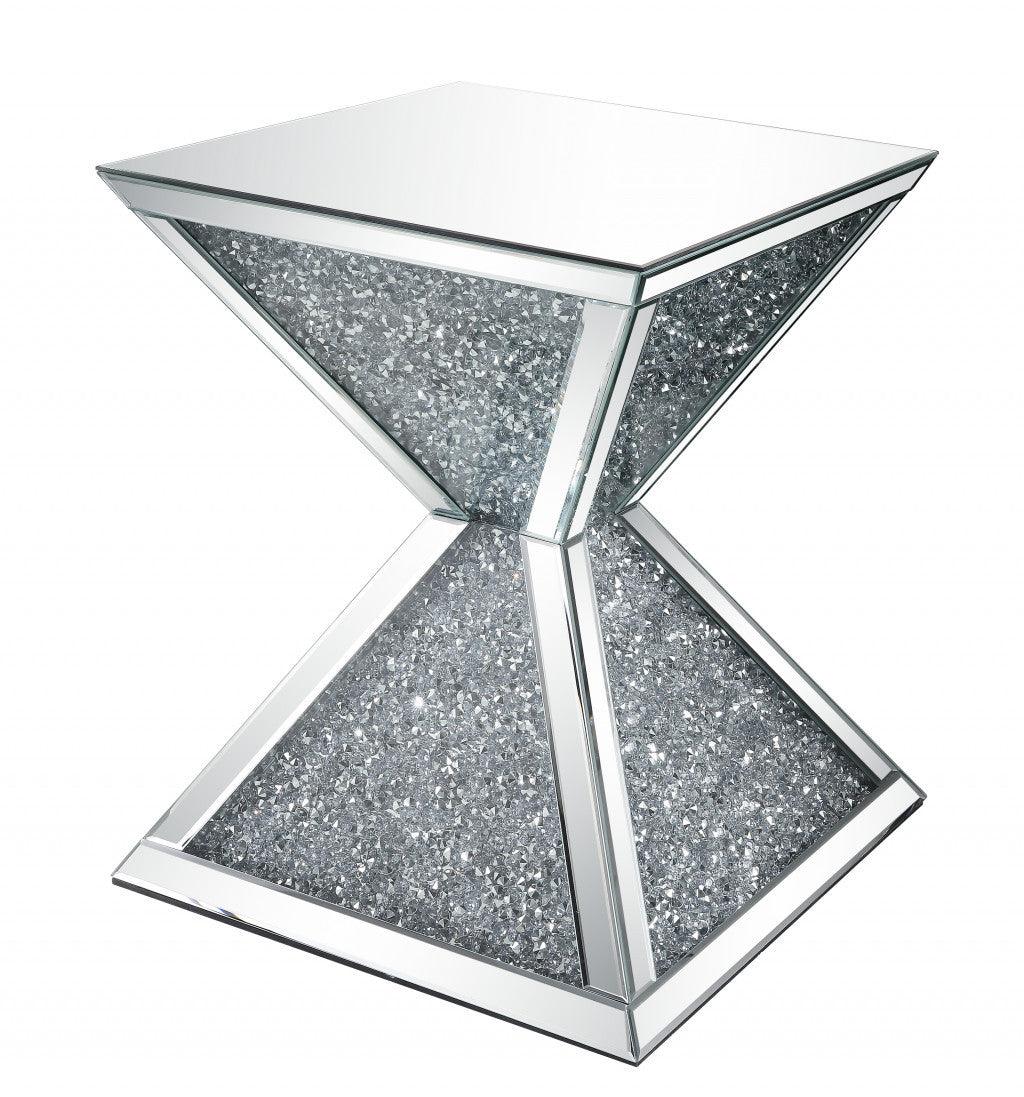 23" Silver Mirrored And Manufactured Wood Square Diamond End Table - FurniFindUSA