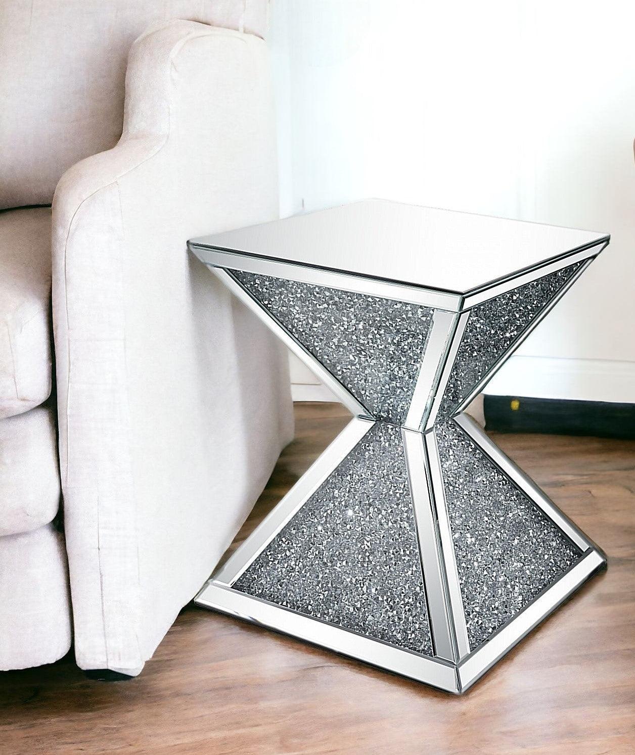 23" Silver Mirrored And Manufactured Wood Square Diamond End Table - FurniFindUSA