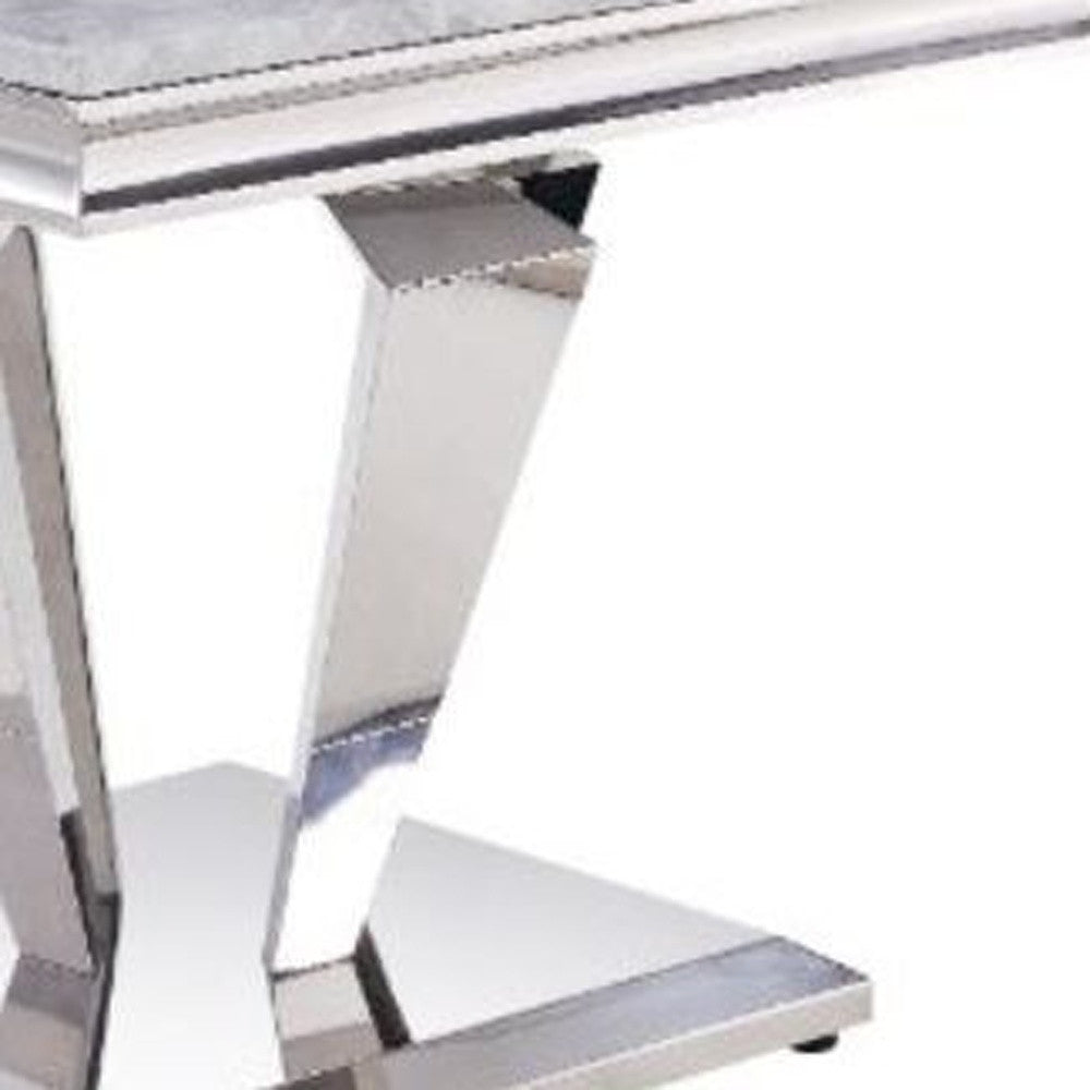 22" Silver And Light Gray Marble Look And Stainless Steel Square End Table