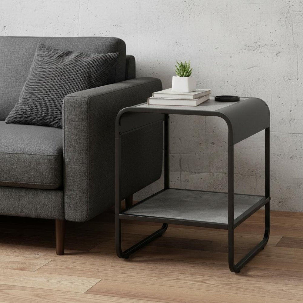 21" Black And Concrete Gray Manufactured Wood And Metal Rectangular End Table With Shelf HomeRoots
