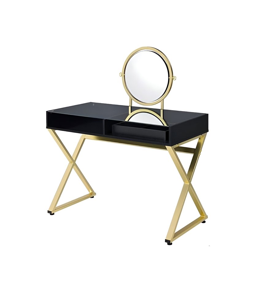 42" Black And Gold Glass and Wood Mirrored Vanity Table HomeRoots