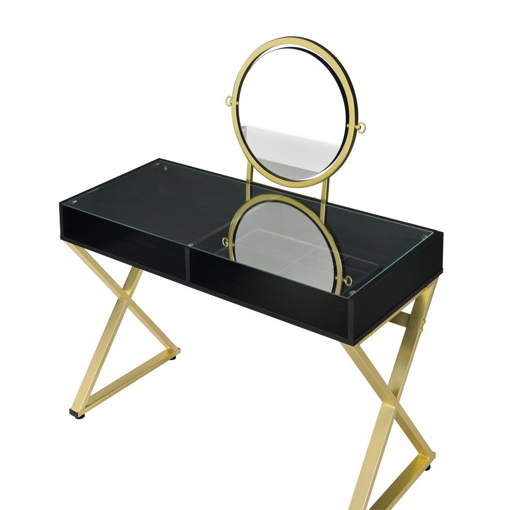 42" Black And Gold Glass and Wood Mirrored Vanity Table HomeRoots