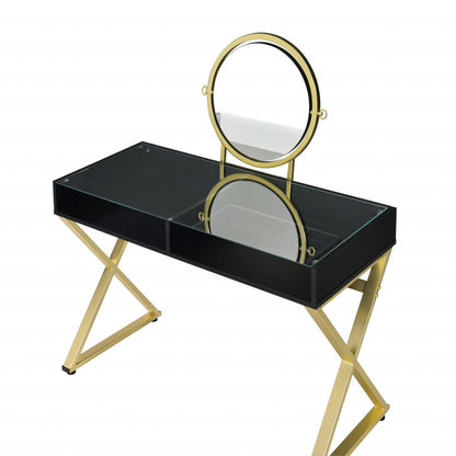42" Black And Gold Glass and Wood Mirrored Vanity Table HomeRoots