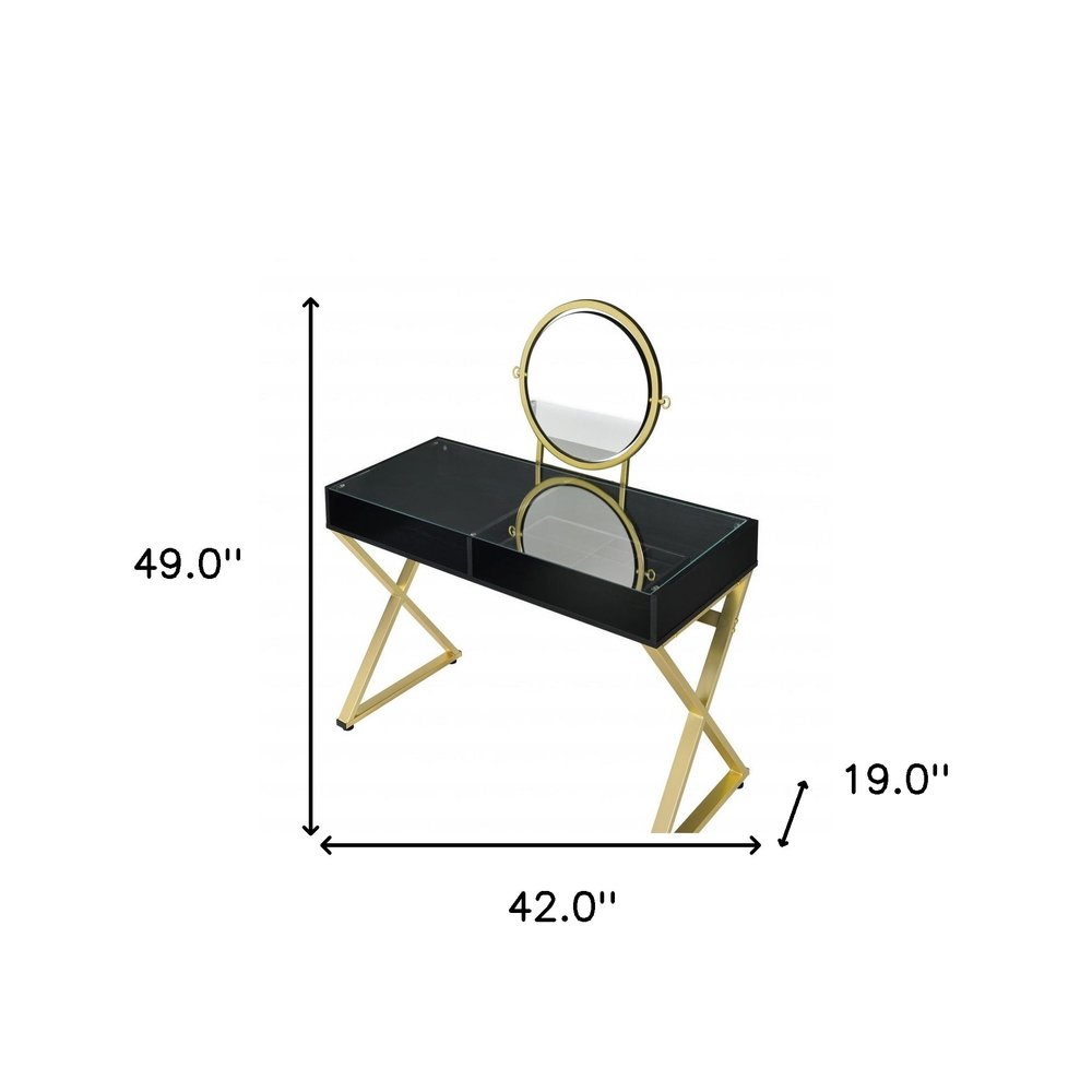 42" Black And Gold Glass and Wood Mirrored Vanity Table HomeRoots