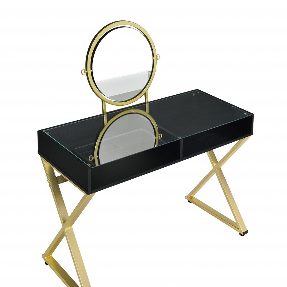 42" Black And Gold Glass and Wood Mirrored Vanity Table HomeRoots