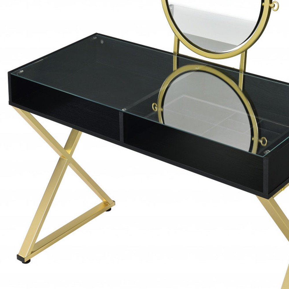 42" Black And Gold Glass and Wood Mirrored Vanity Table HomeRoots