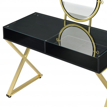 42" Black And Gold Glass and Wood Mirrored Vanity Table HomeRoots