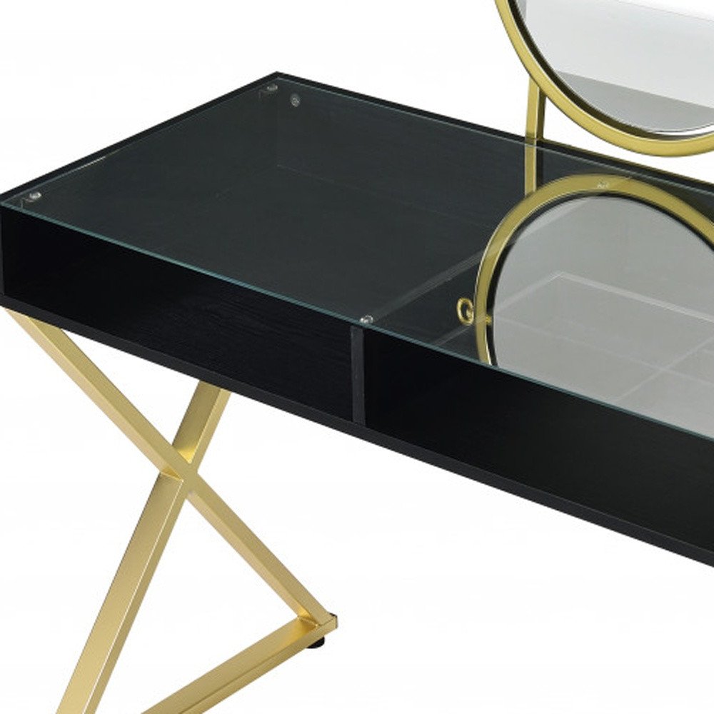 42" Black And Gold Glass and Wood Mirrored Vanity Table HomeRoots