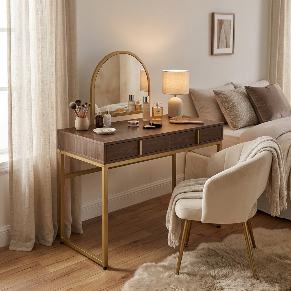 42" Gold Mirrored Vanity Table with Mirror With Two Drawers HomeRoots