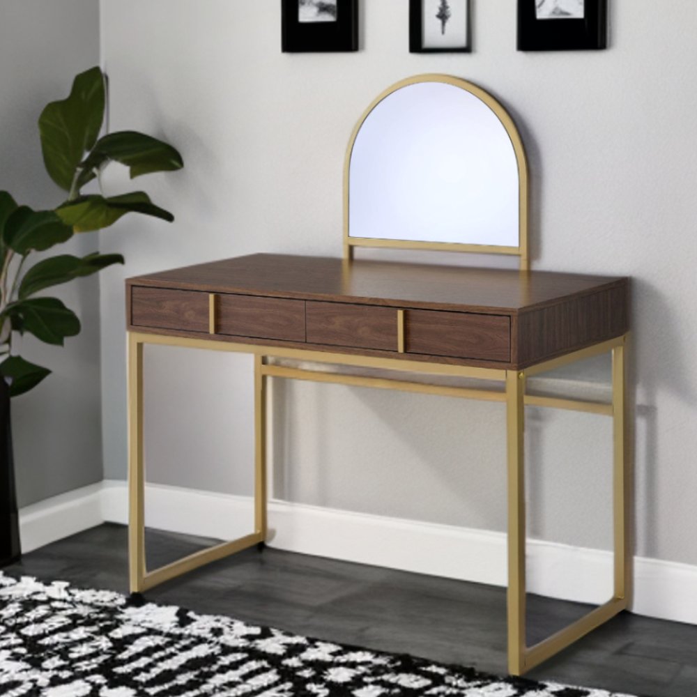 42" Gold Mirrored Vanity Table with Mirror With Two Drawers HomeRoots