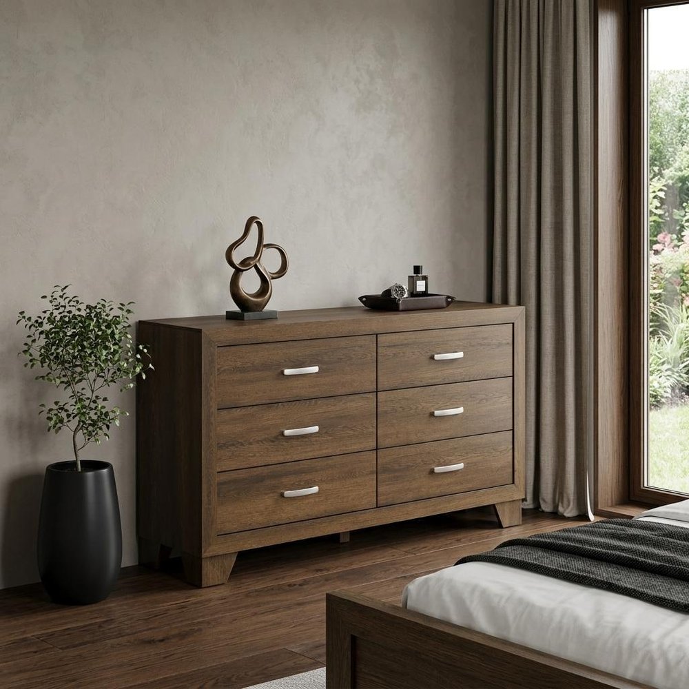 59" Brown Solid and Manufactured Wood Six Drawer Double Dresser HomeRoots