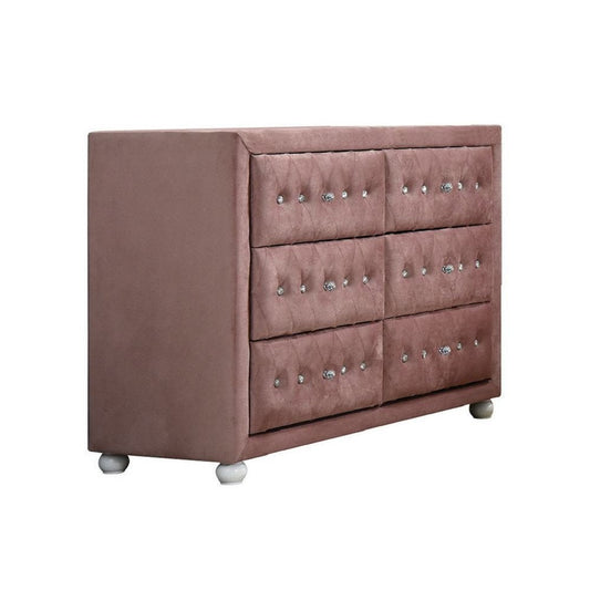 40" Pink Wood Six Drawer Upholstered Double Dresser