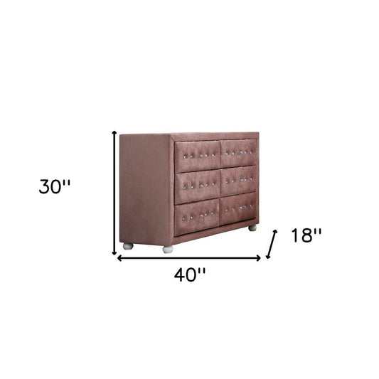 40" Pink Wood Upholstered Six Drawer Double Dresser