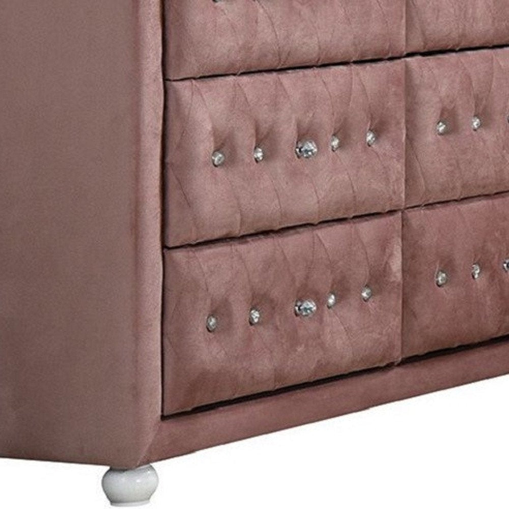 40" Pink Wood Six Drawer Upholstered Double Dresser