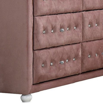 40" Pink Wood Six Drawer Upholstered Double Dresser
