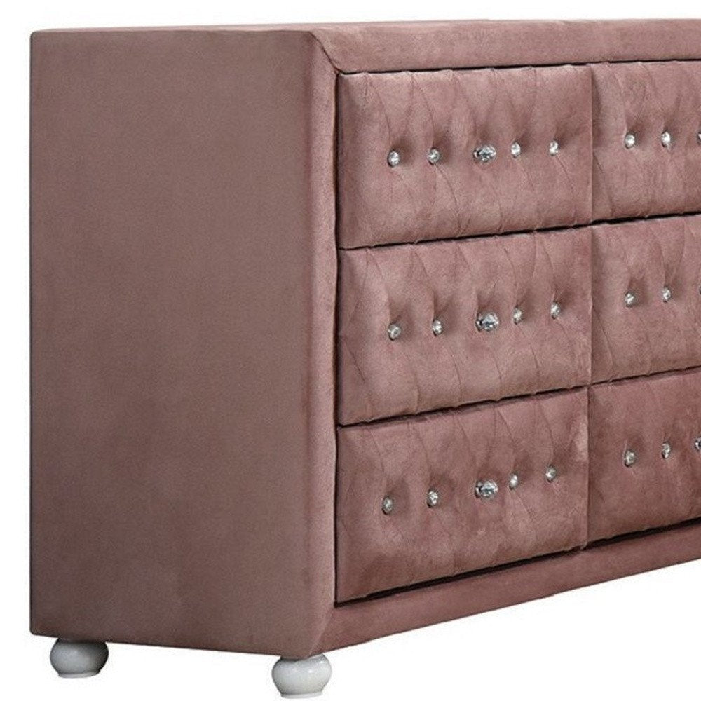 40" Pink Wood Six Drawer Upholstered Double Dresser — view 4