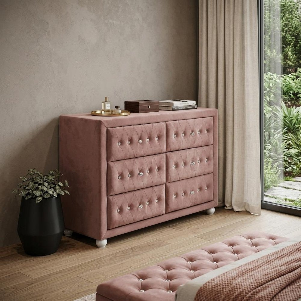 40" Pink Solid and Manufactured Wood Six Drawer Double Dresser HomeRoots