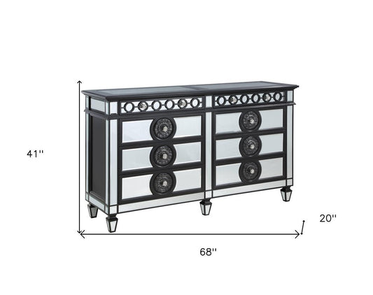 68" Black And Silver Wood Mirrored Eight Drawer Double Dresser