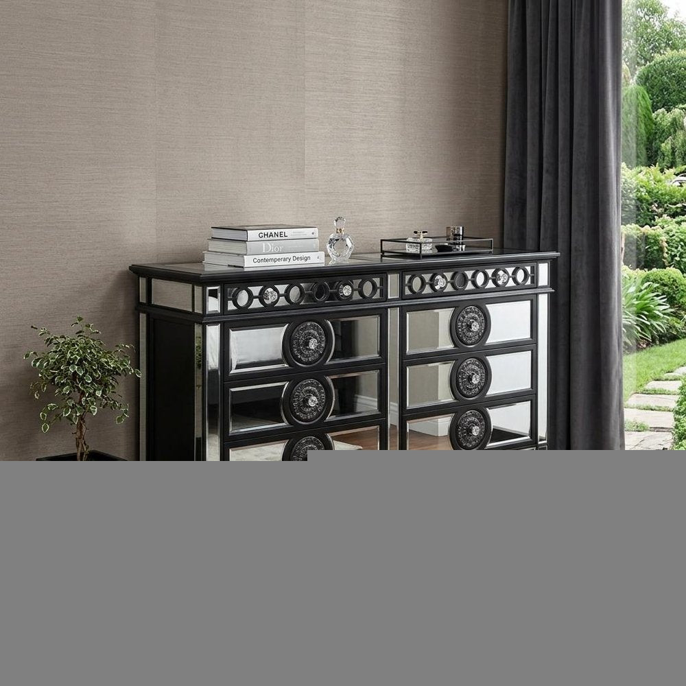 68" Black and Silver Solid and Manufactured Wood Mirrored Eight Drawer Double Dresser HomeRoots