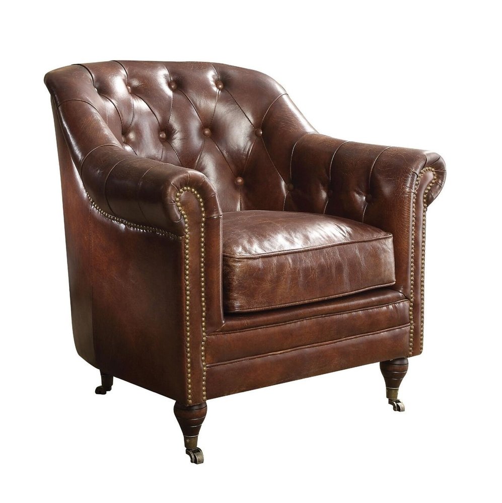 34" Brown Top Grain Leather Tufted Chesterfield Chair HomeRoots