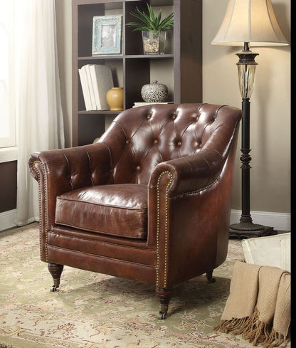 34" Brown Top Grain Leather Tufted Chesterfield Chair HomeRoots