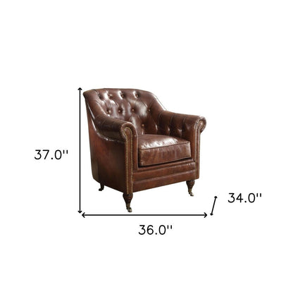 34" Brown Top Grain Leather Tufted Chesterfield Chair HomeRoots