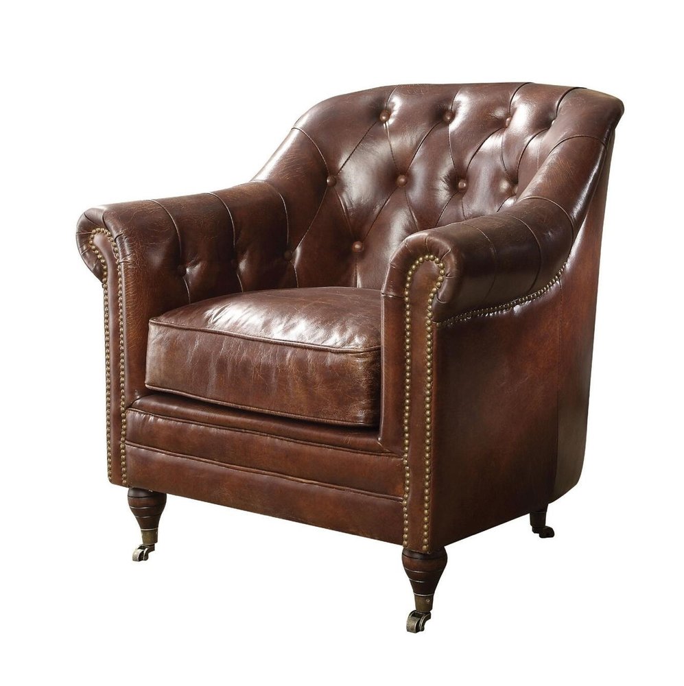 34" Brown Top Grain Leather Tufted Chesterfield Chair HomeRoots