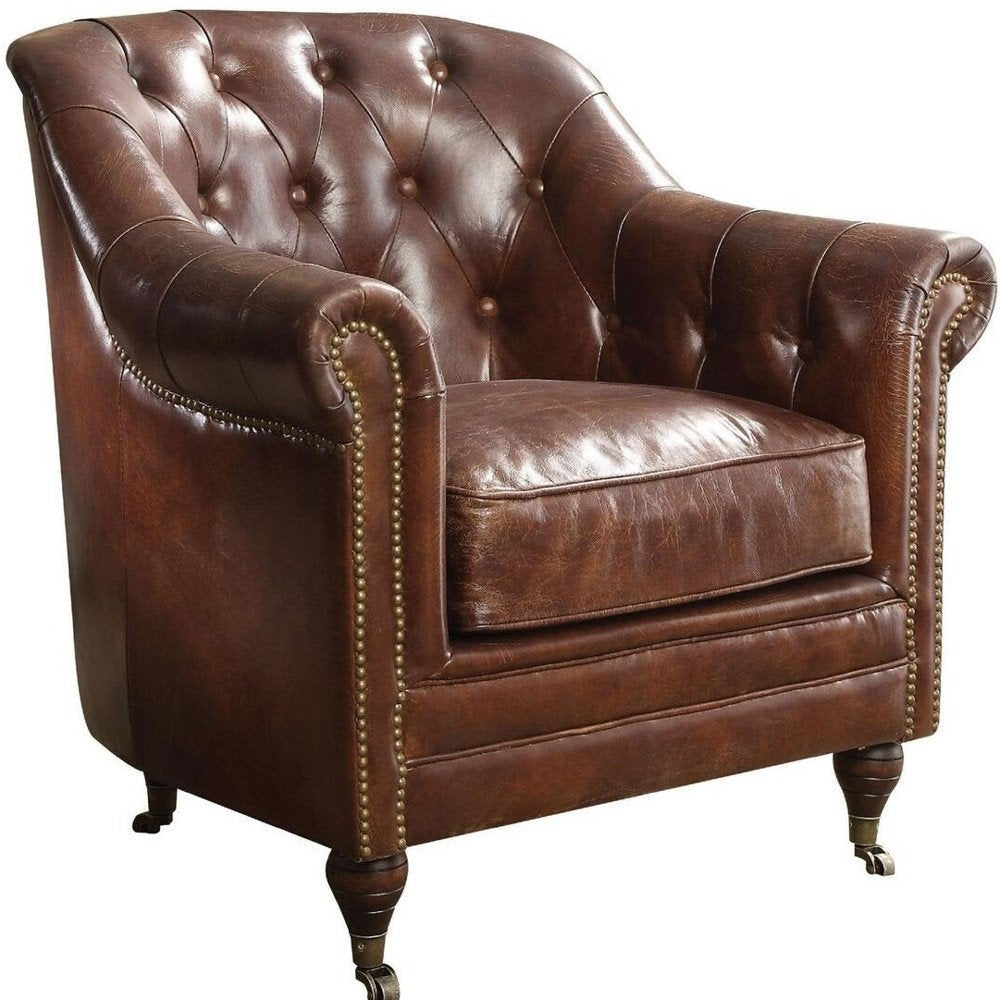 34" Brown Top Grain Leather Tufted Chesterfield Chair HomeRoots
